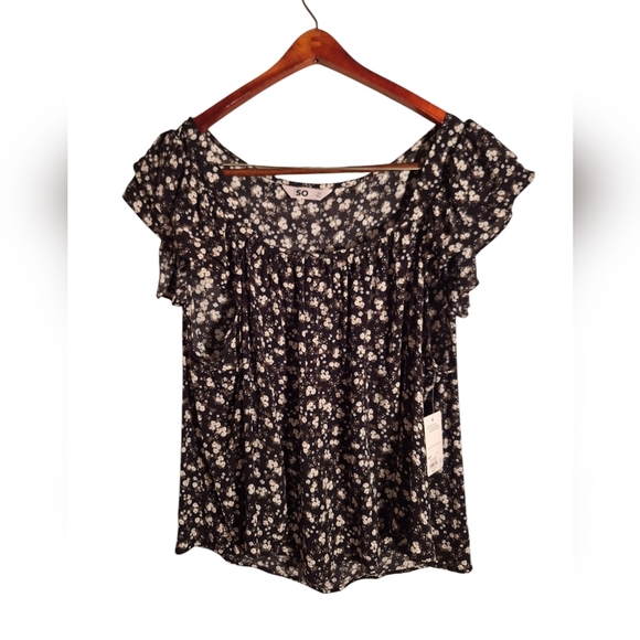 SO Coquette Flutter Ruffled Babydoll Floral Blouse Plus Size 3X NWT Black Ivory - Picture 1 of 7